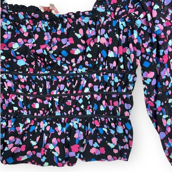 LeyDen Long Sleeve Off the Shoulder Ruffle Shirred Crop Top in Kaleidscope - Picture 9 of 11